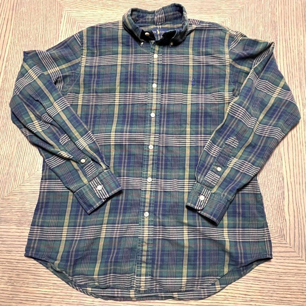 Ralph Lauren Shirt Mens Green Navy Red Plaid Button Down Pony Blue Label Medium